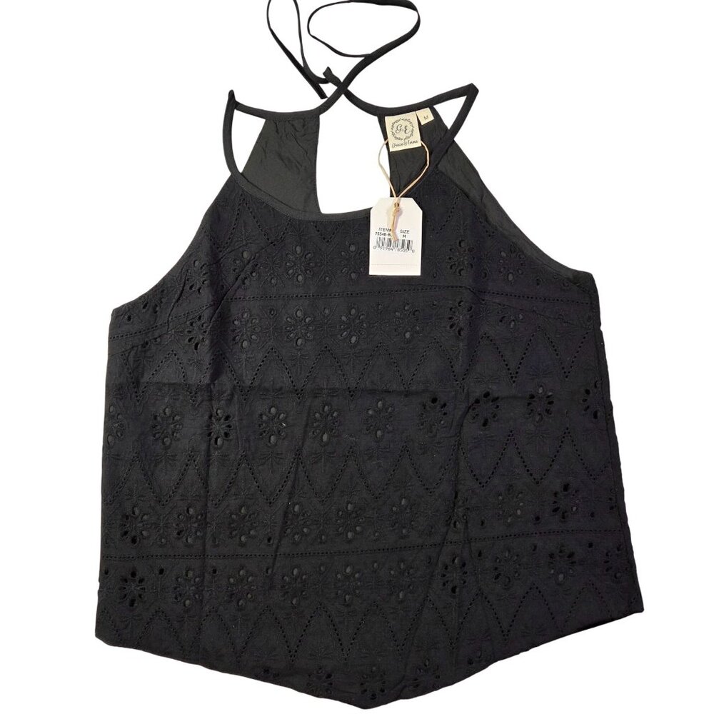 Grace & Emma Black Sleeveless Floral Eyelet Lace Halter Tank Top M Womens New